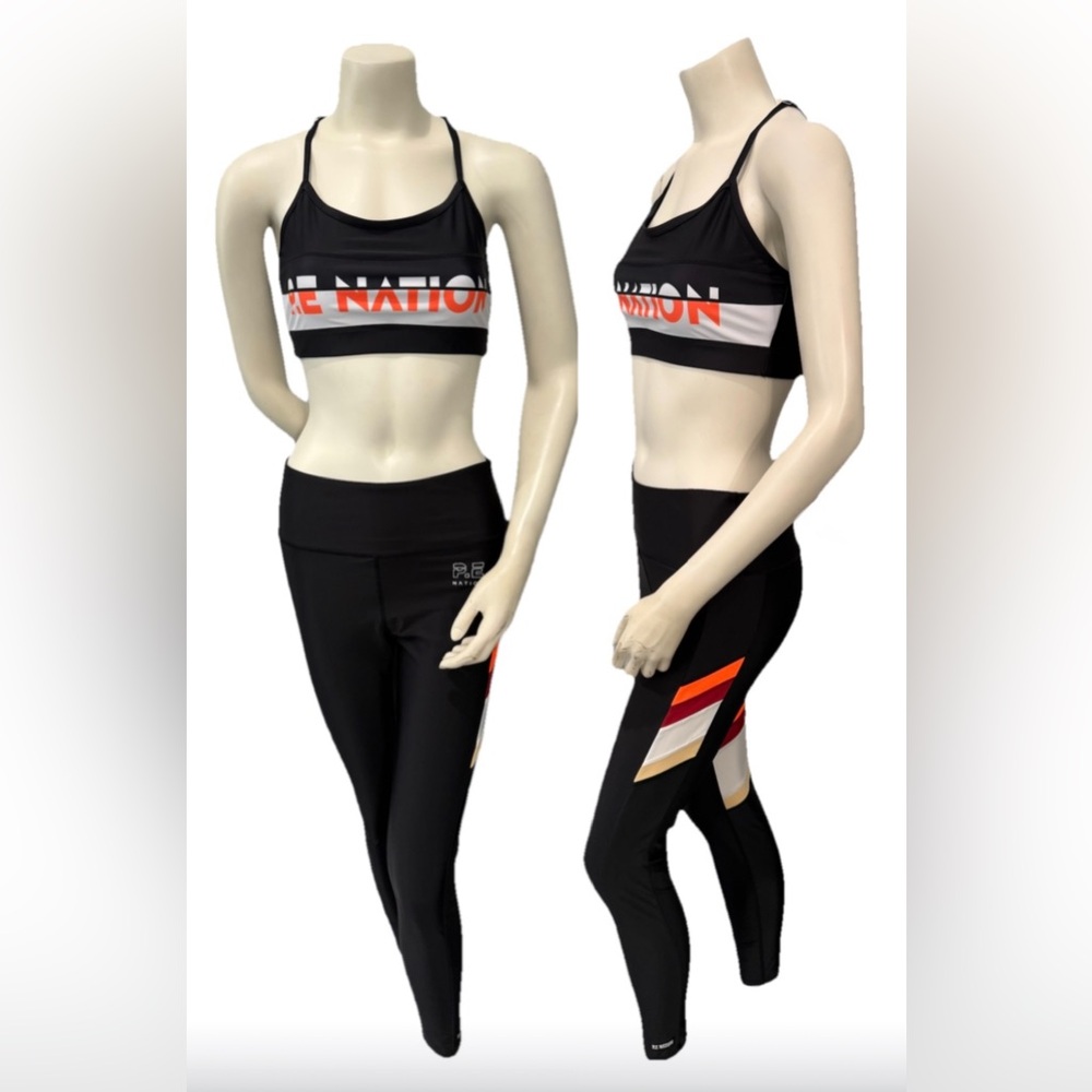 P.E Nation Activewear Set Women L Black Stripe Leggings & Sports Bra Athleisure